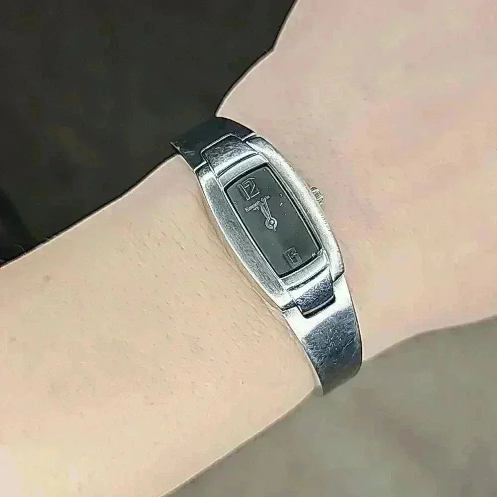 Kenneth Cole Silver Link Bracelet with Rectangular Watch and Pewter Gray Face